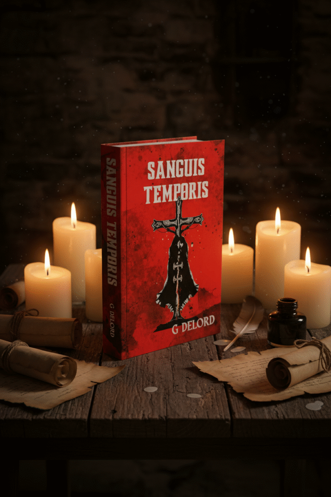 Mes livres Sanguis Temporis de G DELORD Auteur avec bougies allumées