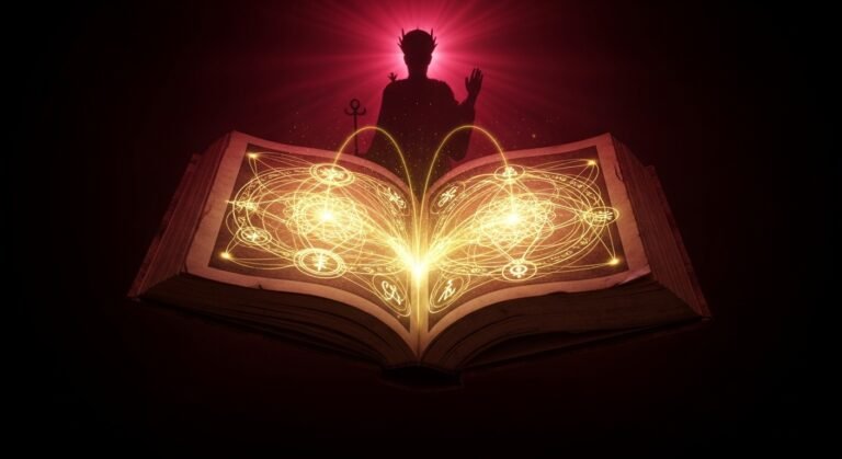 Livre ancien ouvert irradiant de symboles dorés et d’énergies lumineuses, silhouette d’Hermès Trismégiste auréolée de rouge en arrière-plan — illustration symbolique des sept lois hermétiques du Kybalion.