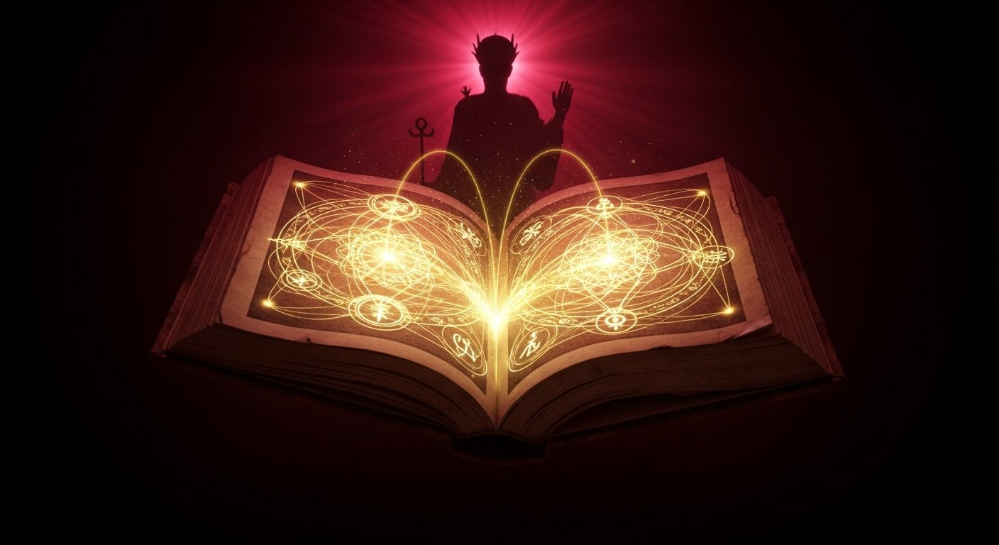 Livre ancien ouvert irradiant de symboles dorés et d’énergies lumineuses, silhouette d’Hermès Trismégiste auréolée de rouge en arrière-plan — illustration symbolique des sept lois hermétiques du Kybalion.