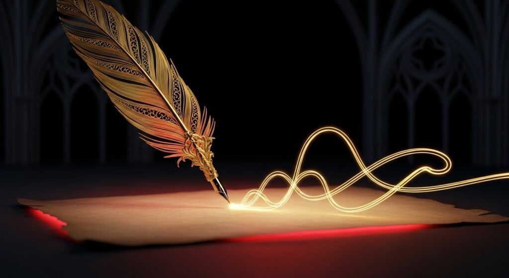 Plume dorée écrivant un tracé lumineux sur un parchemin, éclairée d’une lueur rouge et or, symbole de l’art d’écrire et de la création littéraire de G. Delord. Presse