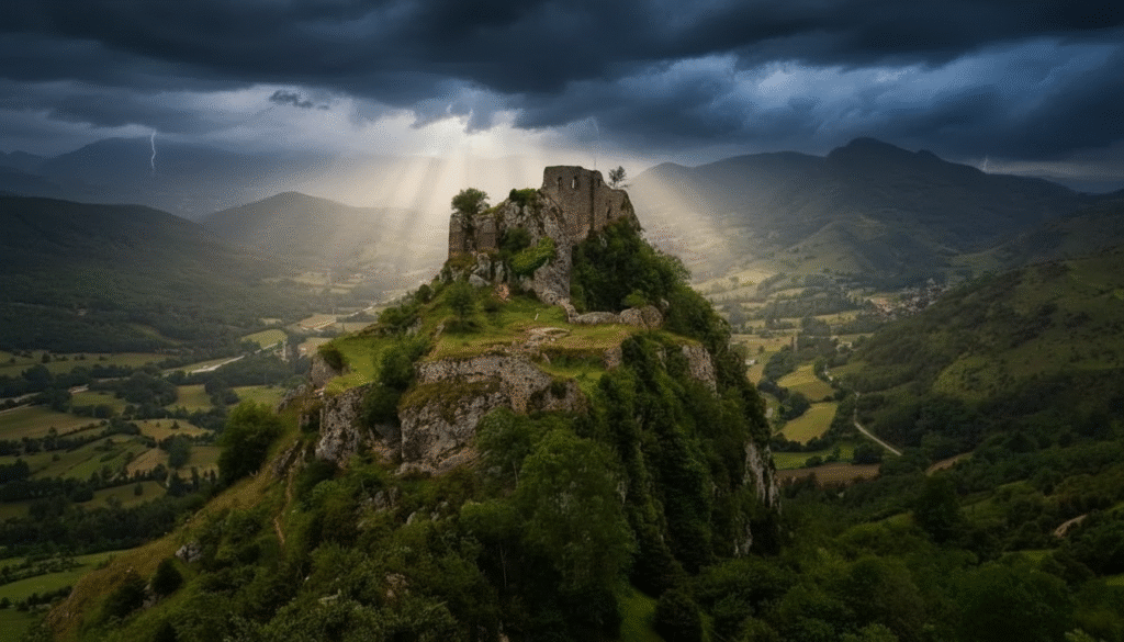 Château cathare de Roquefixade sur sa crête rocheuse avec vue sur les Pyrénées, Ariège
