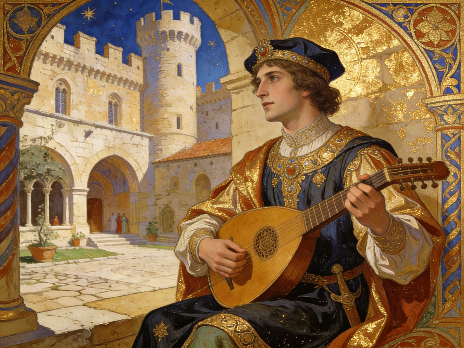 Troubadour jouant de la musique médiévale.