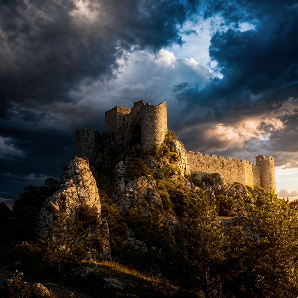 Forteresse cathare de Puilaurens perchée à 700m d'altitude dans la brume, Aude